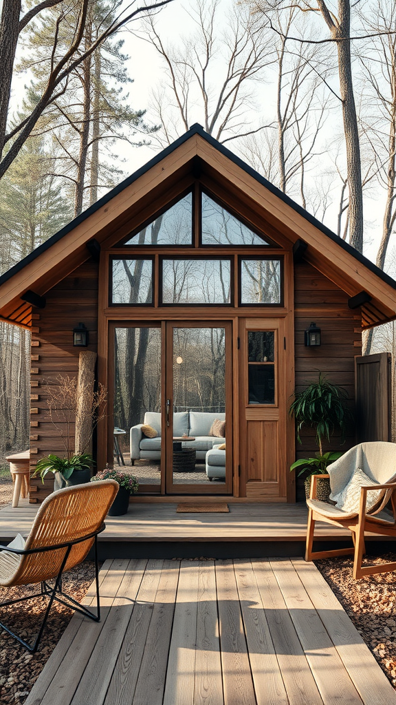 A modern small cabin with wooden exterior and large windows surrounded by trees.