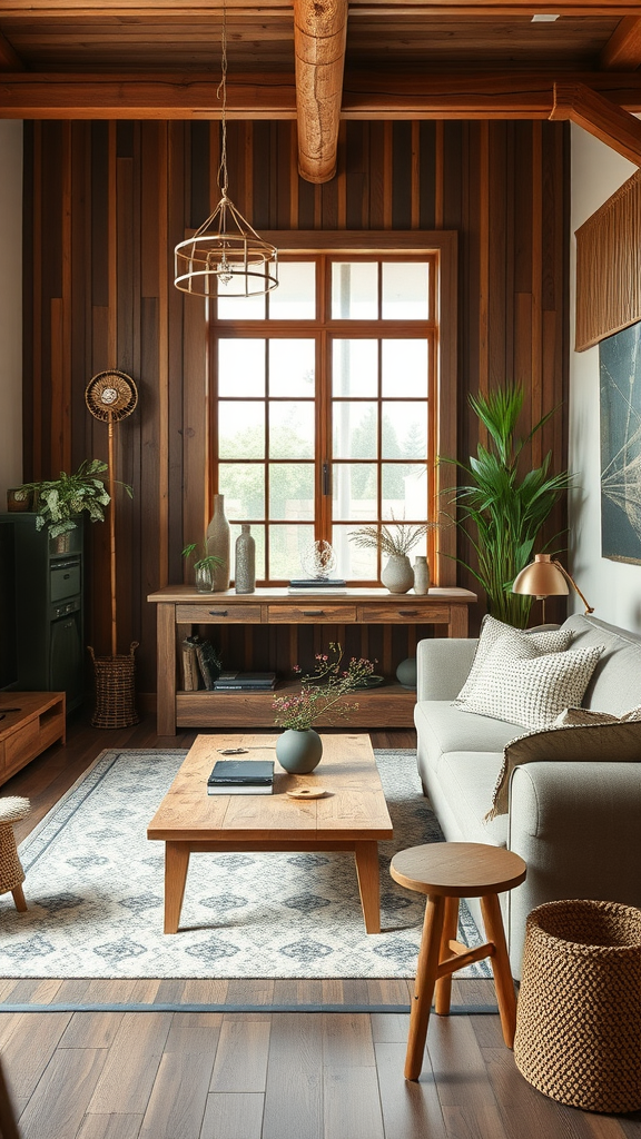 Cozy living room featuring sustainable materials like wood and natural fabrics.