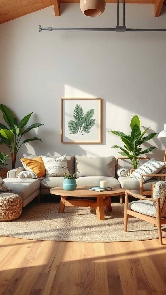 Cozy living room with sustainable decor elements like plants, wood furniture, and natural textiles.