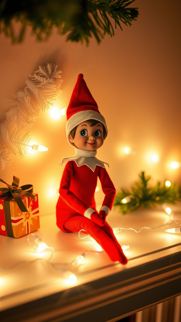 A cheerful elf doll sitting with holiday decorations and lights.