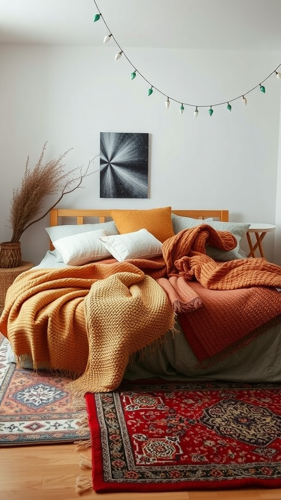 Cozy bedroom with layered textiles including blankets and pillows in warm colors.