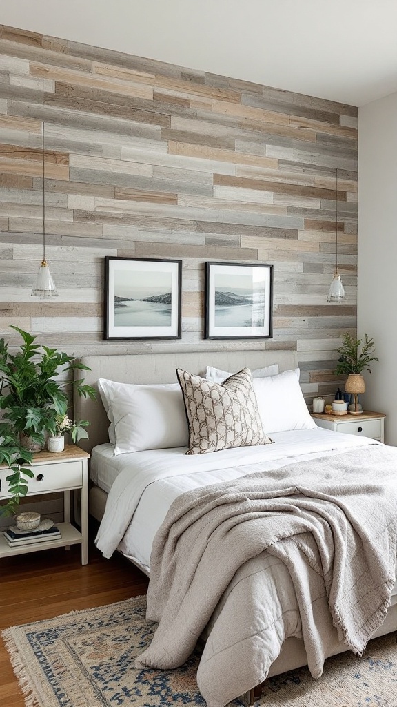 A cozy farmhouse bedroom featuring a textured wooden accent wall with framed pictures and stylish decor.