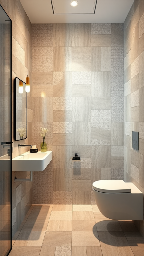 Modern bathroom featuring textured tile surfaces and sleek fixtures.