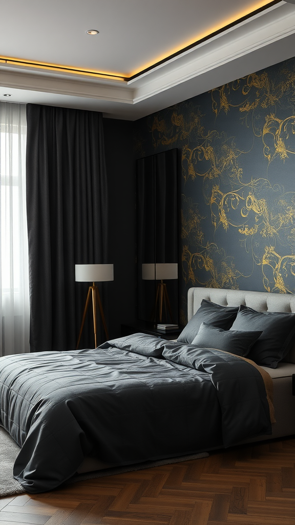 Cozy black and gold bedroom with textured wall treatment