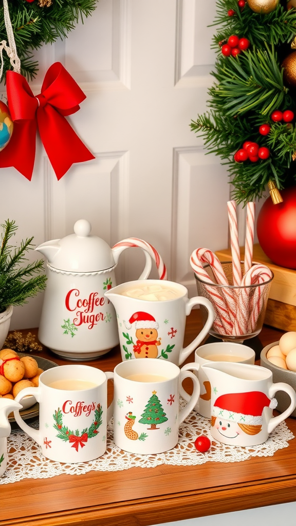 A festive coffee station with decorated mugs and holiday treats.