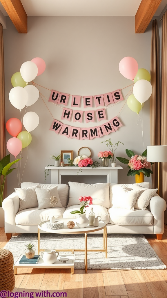 Cozy living room decorated for a housewarming party with balloons and a welcoming banner.