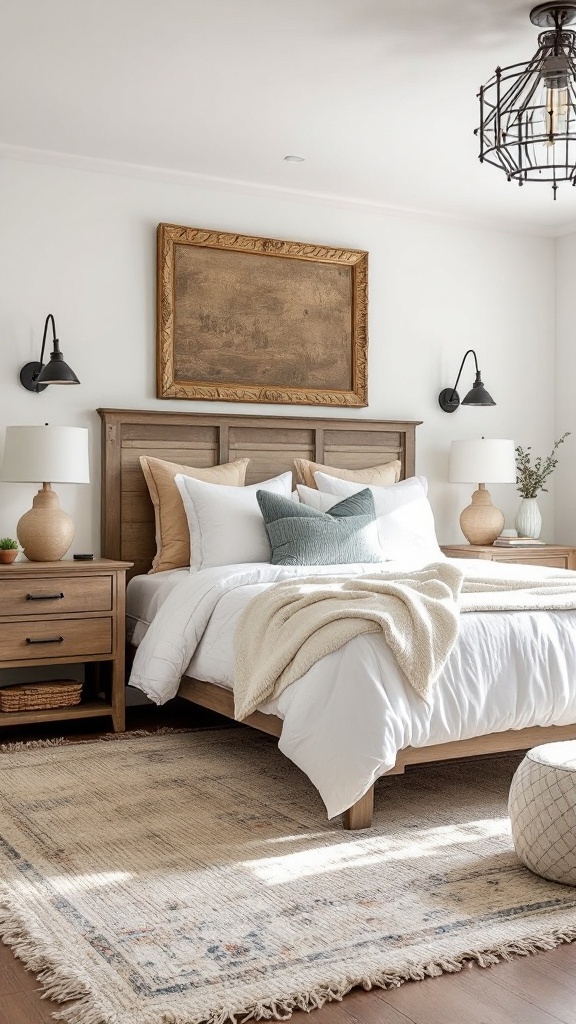 Cozy farmhouse bedroom with a wooden bed, soft bedding, and warm lighting.