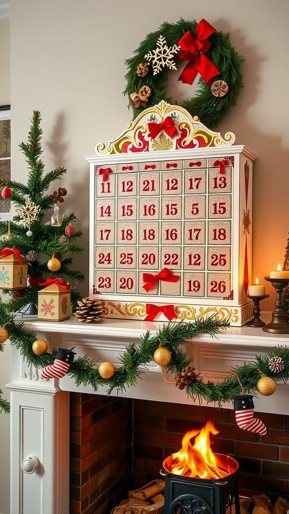 A beautifully decorated Advent calendar with a wreath, gifts, and holiday decorations.