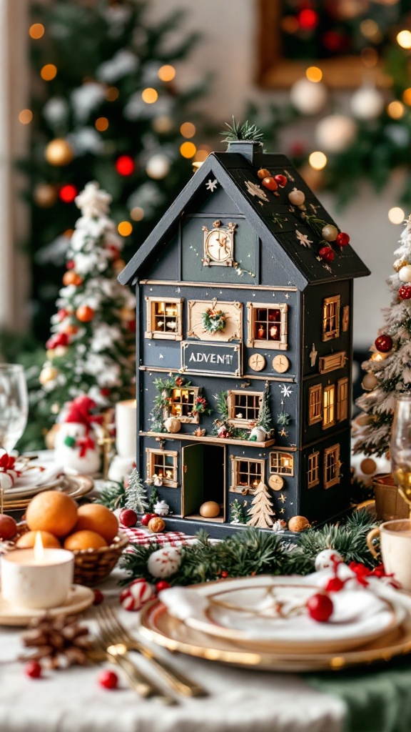 A beautifully decorated Advent calendar in the shape of a house, surrounded by festive table settings and Christmas decorations.