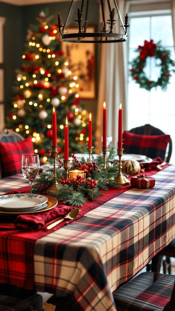 A beautifully set Christmas table with plaid tablecloth, red candles, and festive decorations.