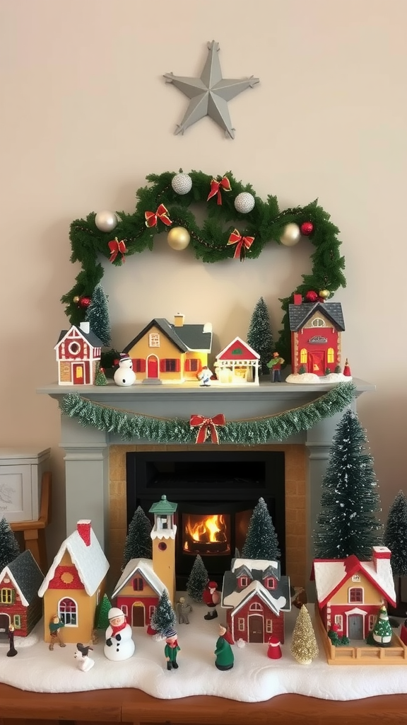 A cozy Christmas village setup with colorful houses, figures, and festive decorations.