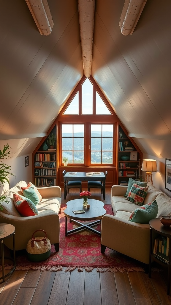 Cozy attic nook with two sofas, a coffee table, and large windows showcasing beautiful views.