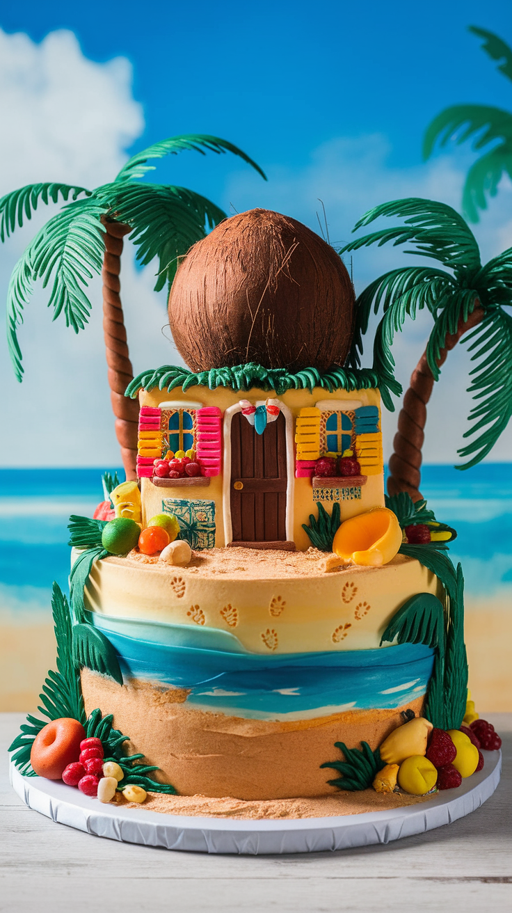 A colorful tropical house cake with palm trees, fruit decorations, and a sandy beach theme.