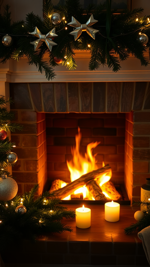 Cozy fireplace decorated with twinkling fairy lights and festive ornaments