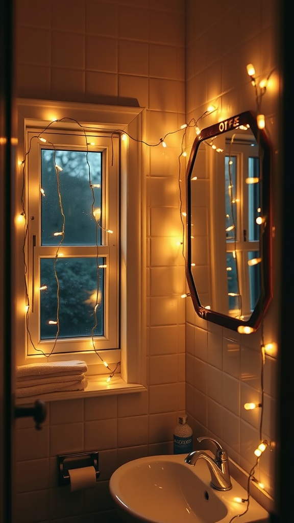 A bathroom with twinkling string lights around a window and mirror.