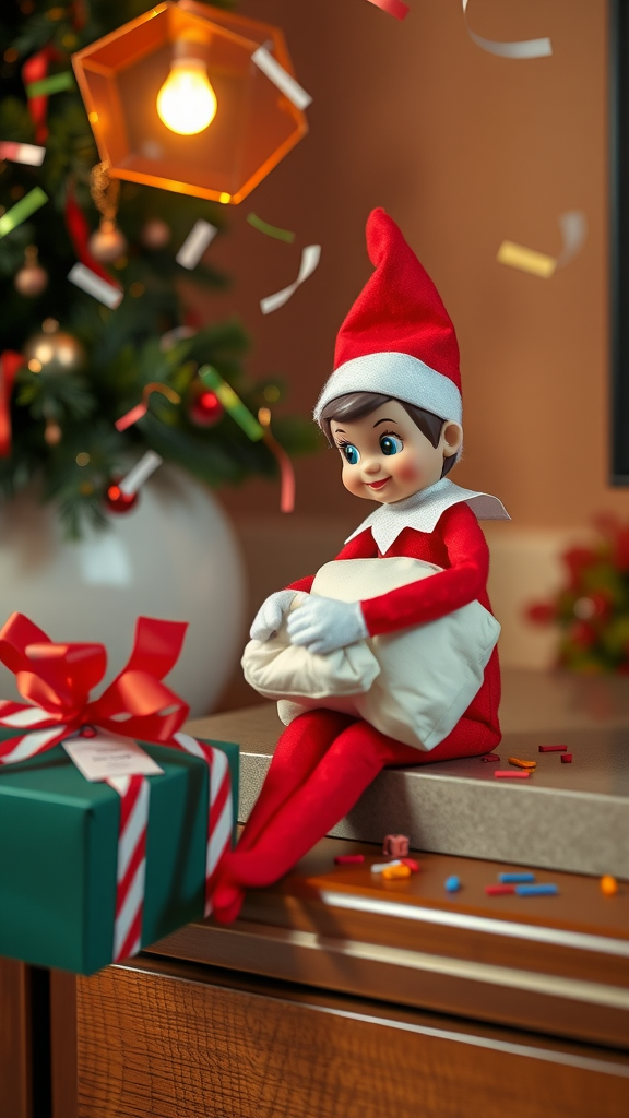 A cheerful elf doll holding a pillow, surrounded by festive decorations and confetti.