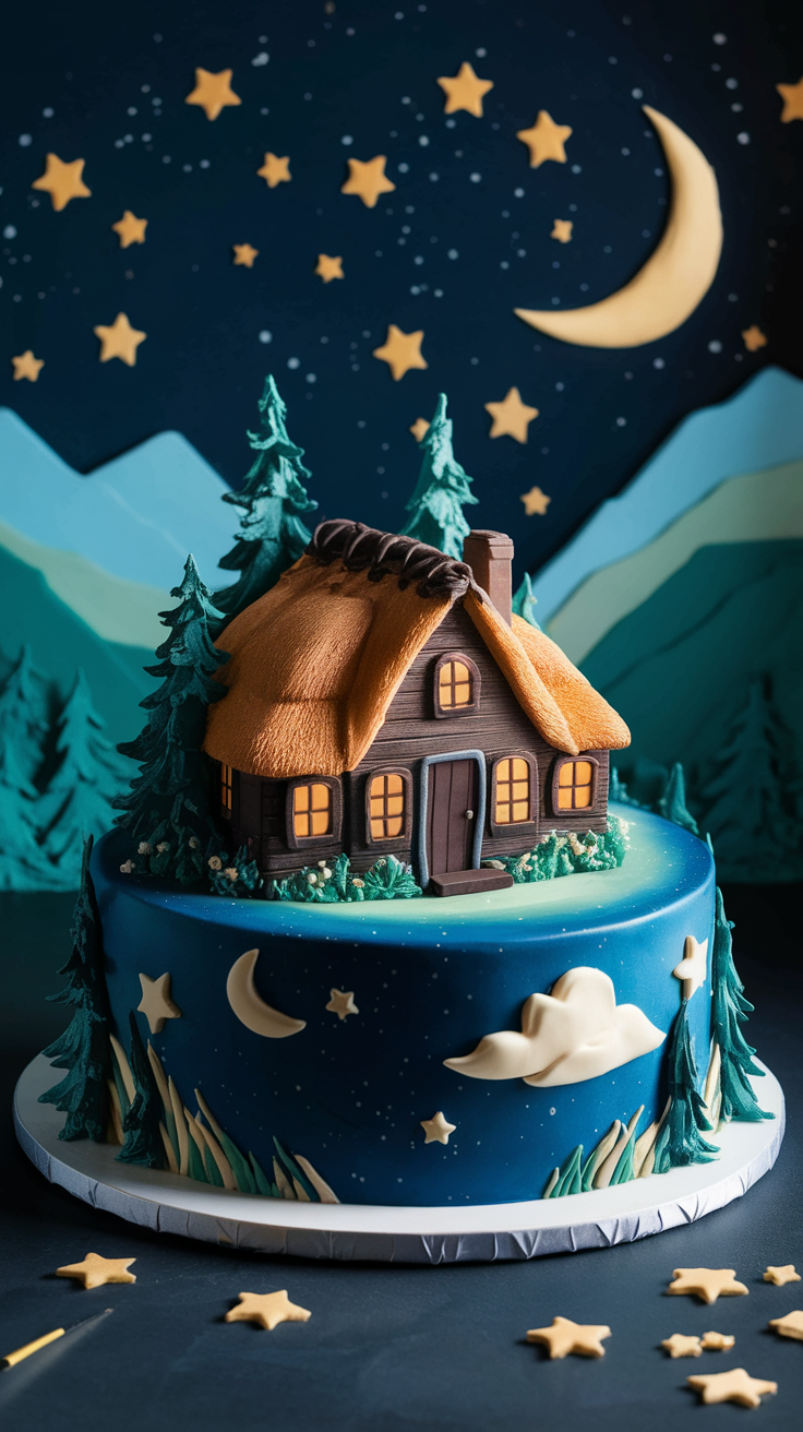 A beautifully decorated cake featuring a cottage design surrounded by trees and a starry night sky.