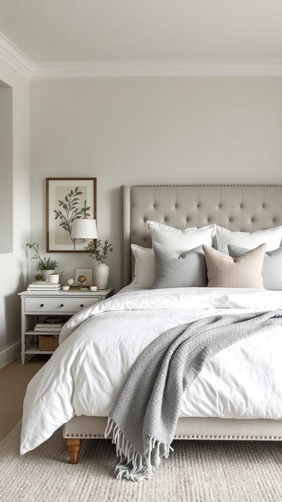 Cozy farmhouse-style bedroom with neutral colors and soft textures.