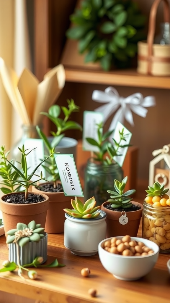 A collection of small potted plants and snacks arranged on a wooden table.