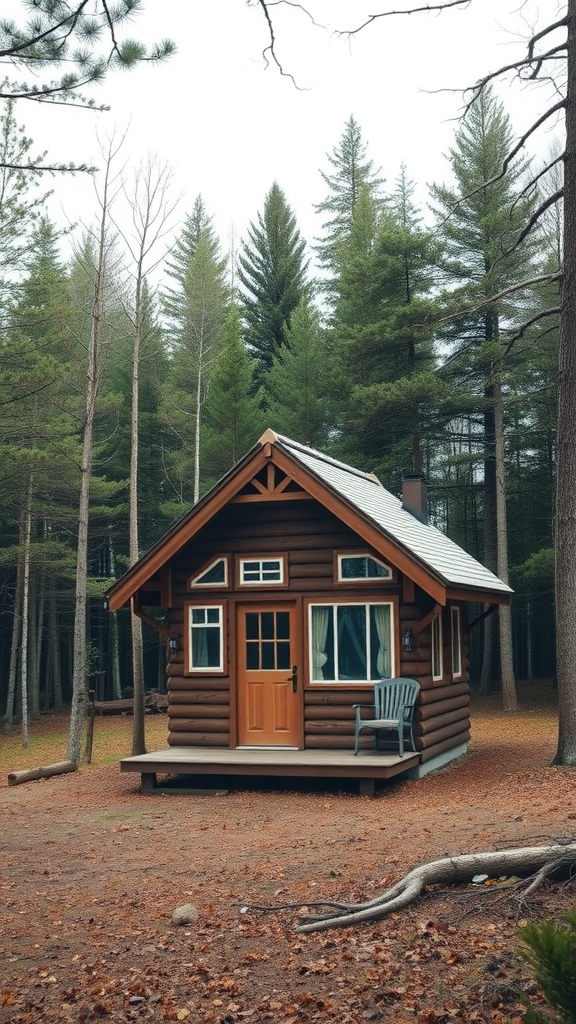 A charming tiny cabin with a unique roof design, set among tall trees.