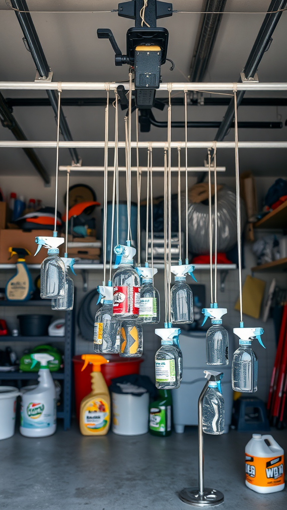 A garage with tension rods holding spray bottles, illustrating efficient organization.