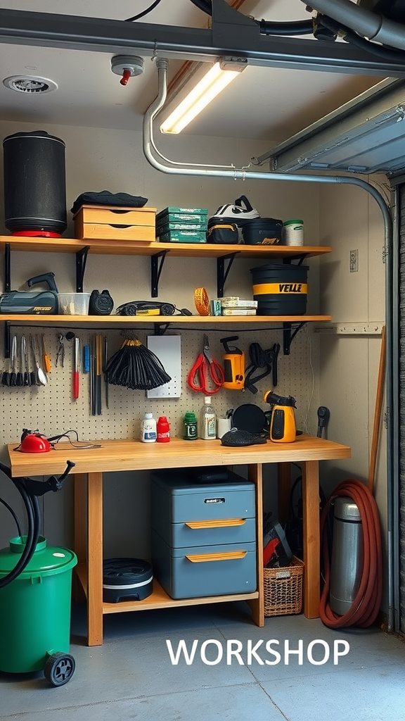 A small garage workshop featuring shelves and a workbench in a corner, showcasing organized tools and equipment.