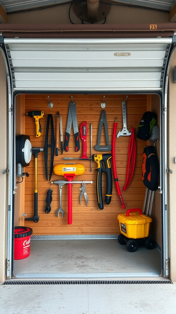 Organized garage door with various tools and equipment hung on hooks.