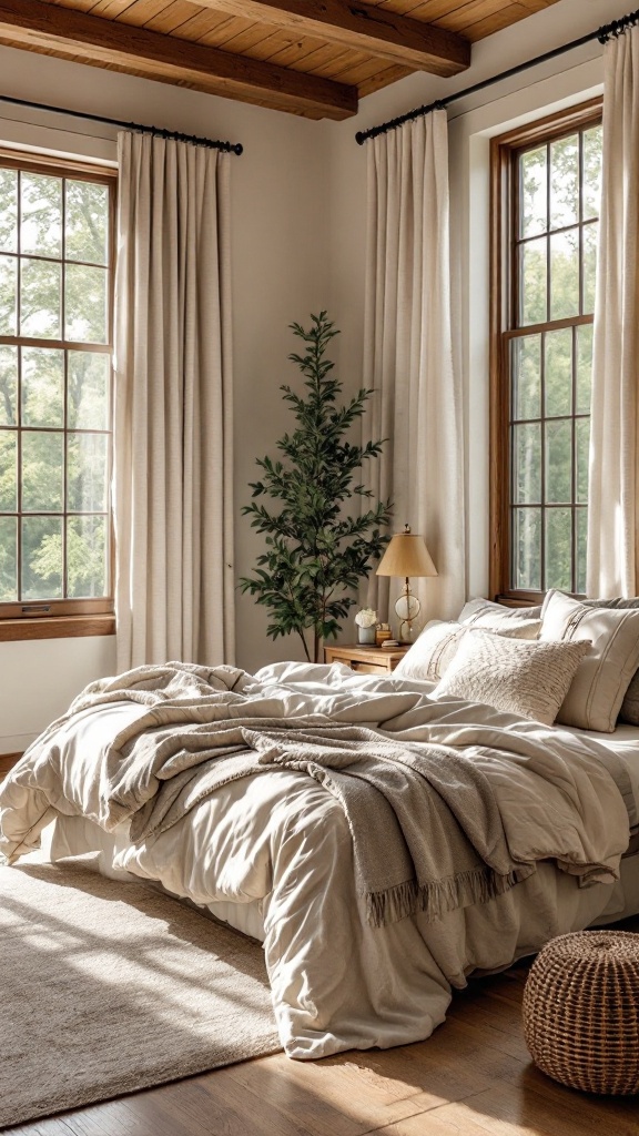 Bright and cozy farmhouse bedroom with large windows and warm, natural light.