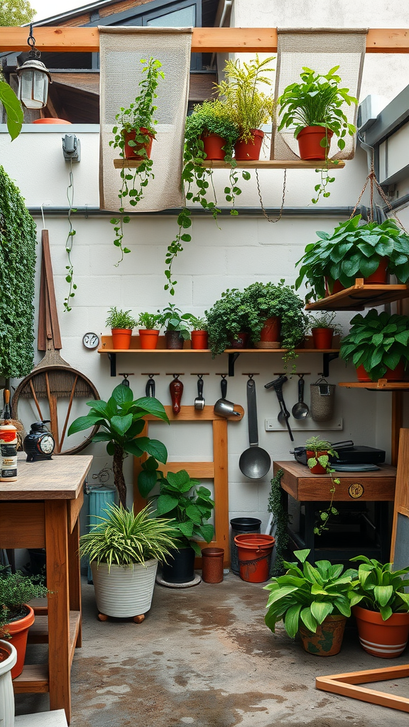 A cozy garage workshop featuring vertical gardening with various plants in pots on shelves and hanging planters.