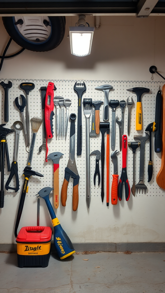 A well-organized garage wall featuring various tools hanging on a pegboard.