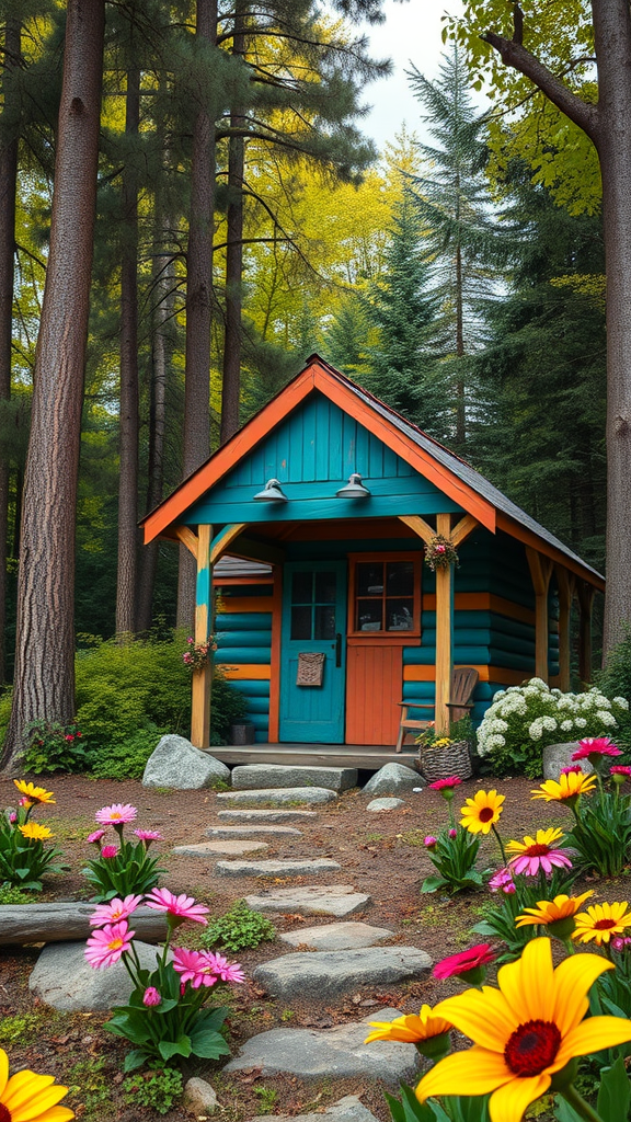 A colorful tiny cabin surrounded by vibrant flowers in a serene forest setting.