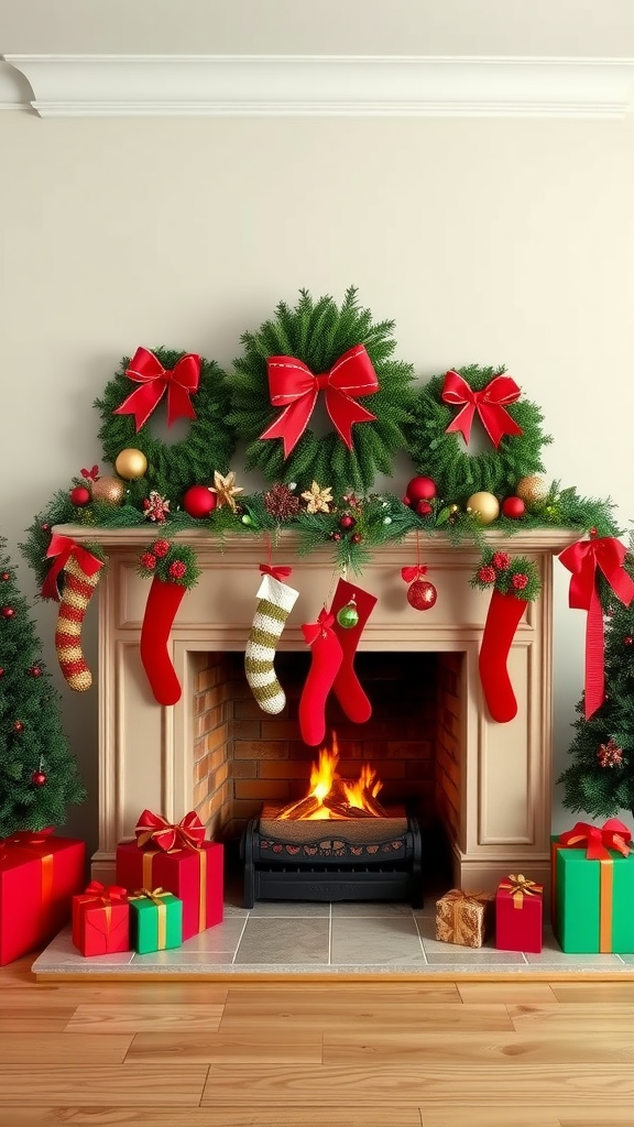 A festive fireplace decorated with red and green Christmas theme, including stockings, wreaths, and colorful presents.