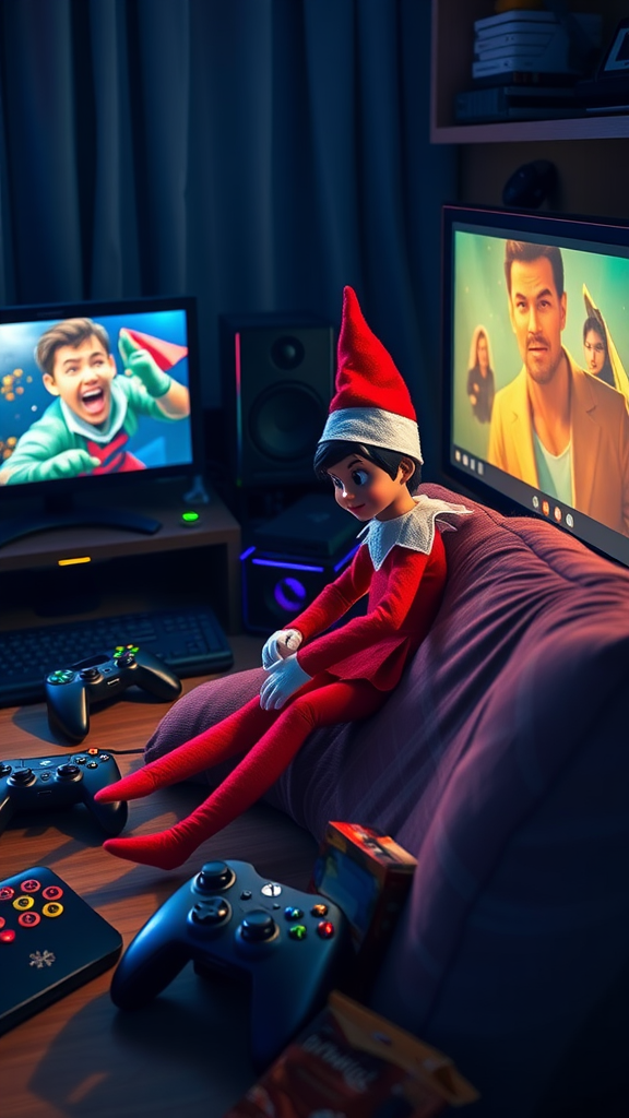 An elf doll sitting on a couch with gaming consoles and screens in the background, creating a fun gaming atmosphere.