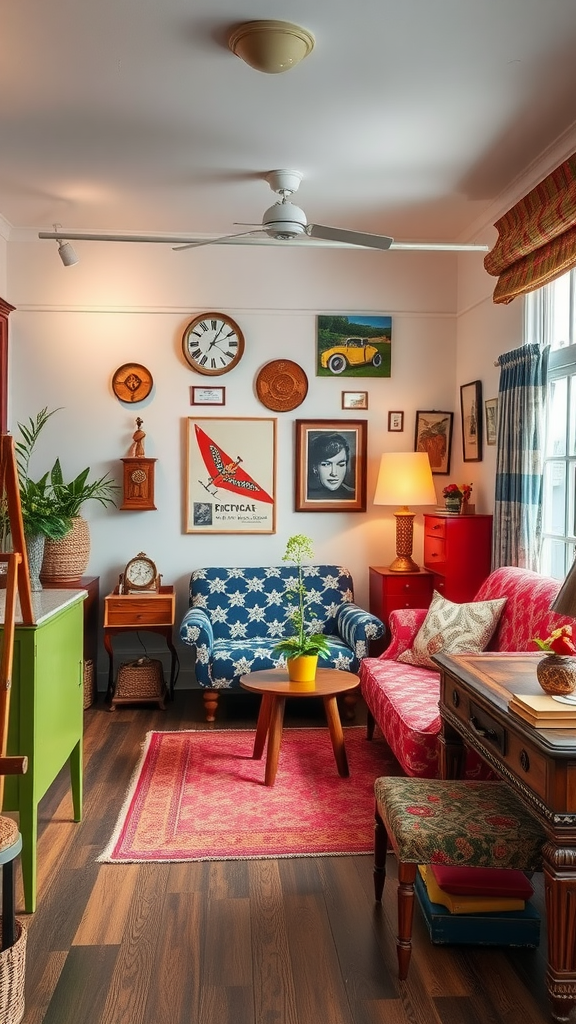 A cozy living room with vintage decor, featuring patterned furniture and retro art on the walls.