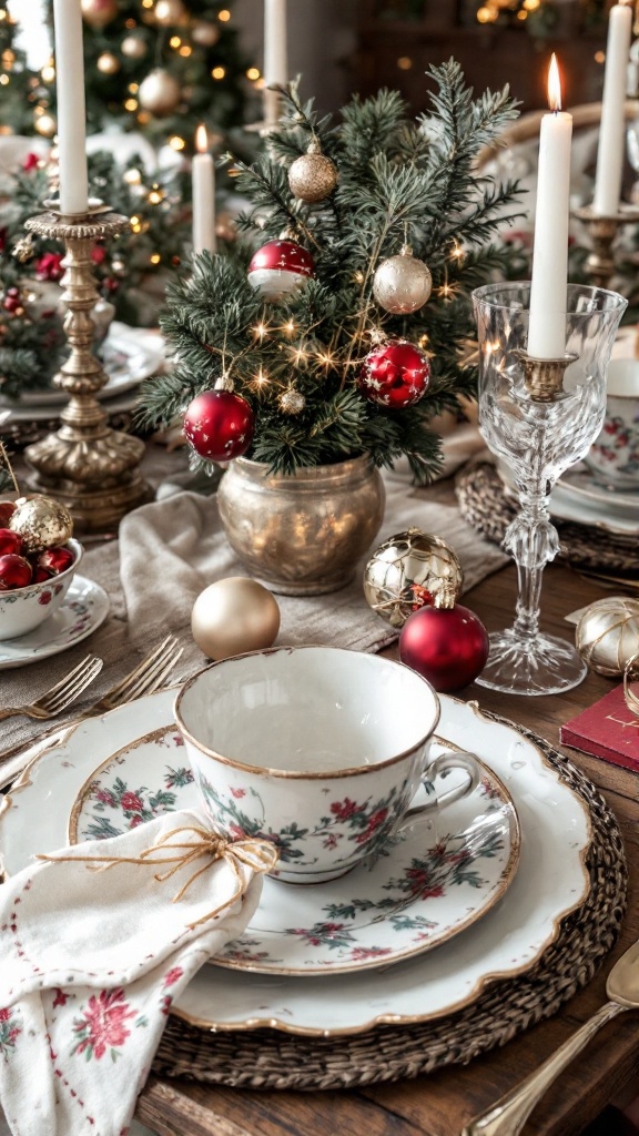 A beautifully set Christmas table featuring vintage ornaments and elegant tableware.