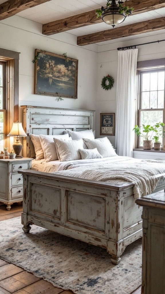 A cozy vintage farmhouse bedroom with a weathered bed frame, nightstands, and rustic decor.