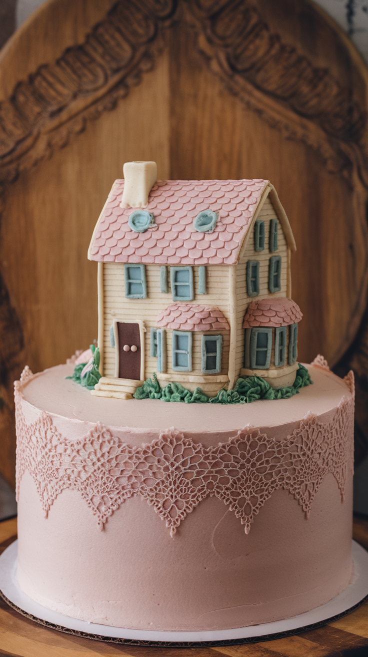 A beautifully decorated cake featuring a small house on top with vintage lace design around the edges.