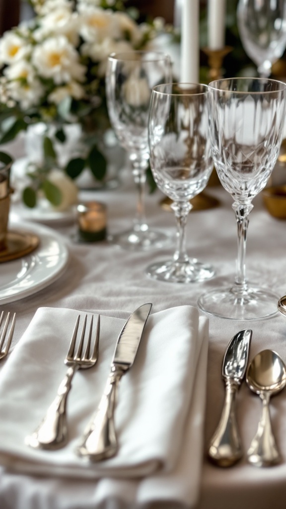 A close-up of vintage silverware, including forks and knives, arranged neatly on a table with elegant glassware and a floral centerpiece.