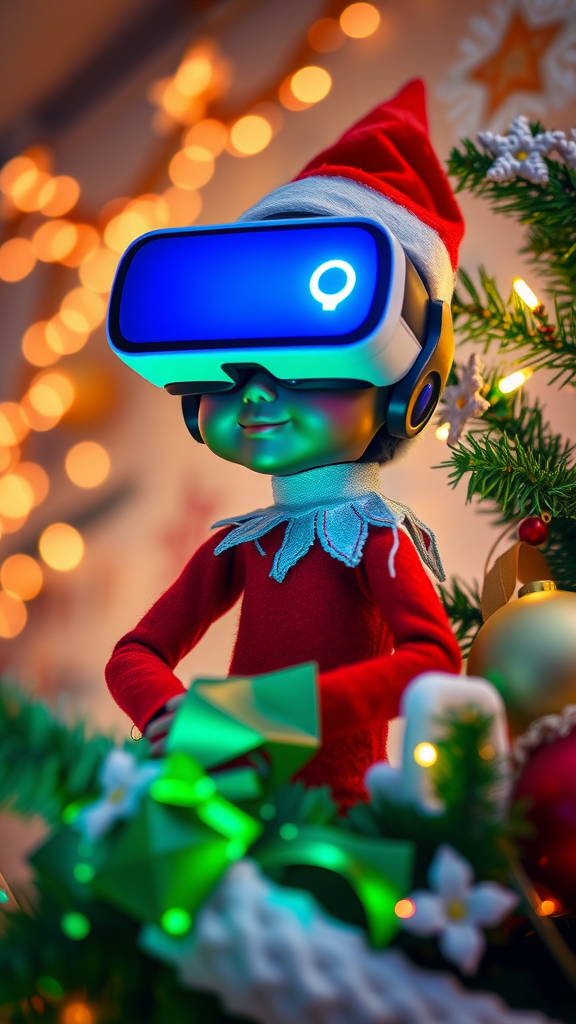 A doll wearing a VR headset surrounded by festive decorations.