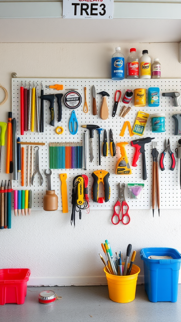 Colorful wall-mounted pegboard filled with various tools and craft supplies.