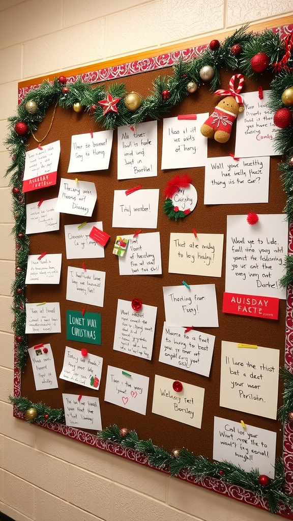 A bulletin board decorated with holiday greetings and festive ornaments.