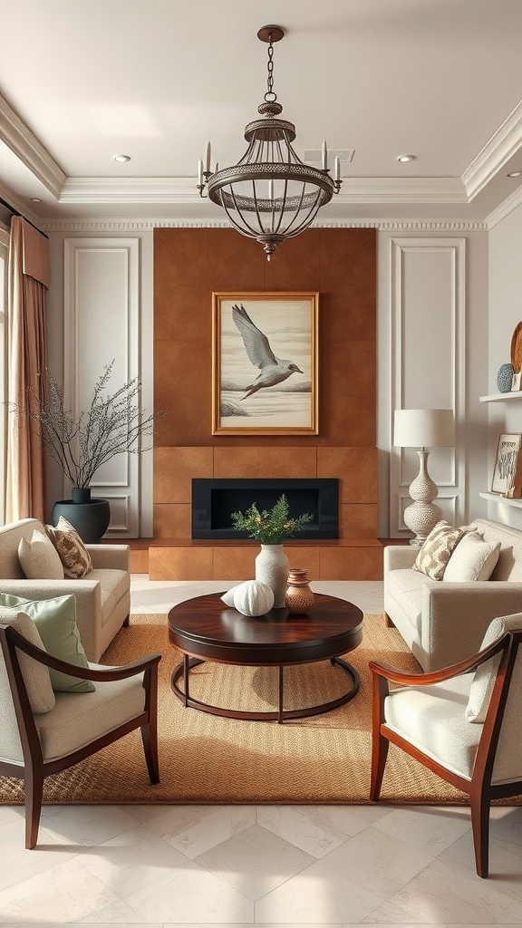 A cozy living room featuring warm neutrals and earth tones with elegant furniture and decor.