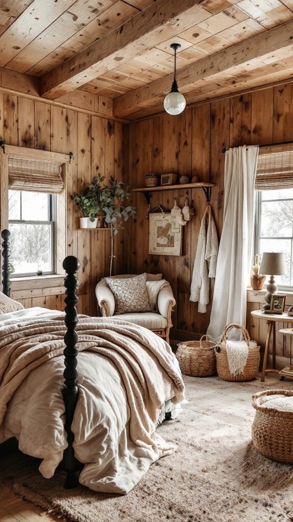 A cozy farmhouse bedroom with wooden walls, a plush bed, and rustic decor.