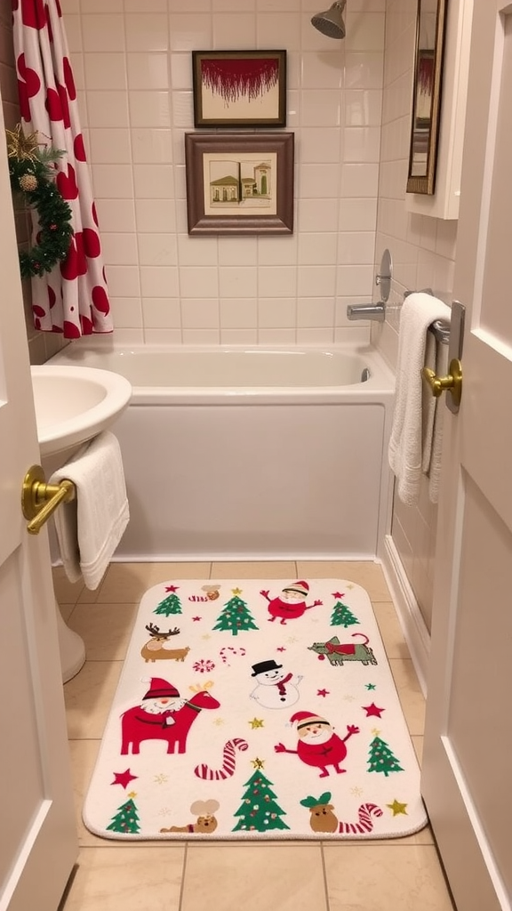 A whimsical bath mat with holiday-themed designs including Santa, reindeer, and Christmas trees.