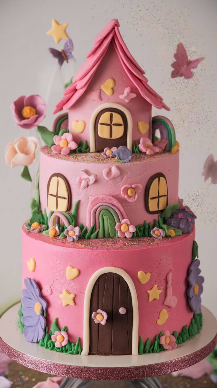 A beautifully decorated pink fairy house cake with flowers, butterflies, and a charming design.