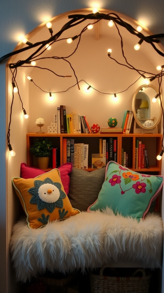 Cozy reading nook with fairy lights and colorful pillows