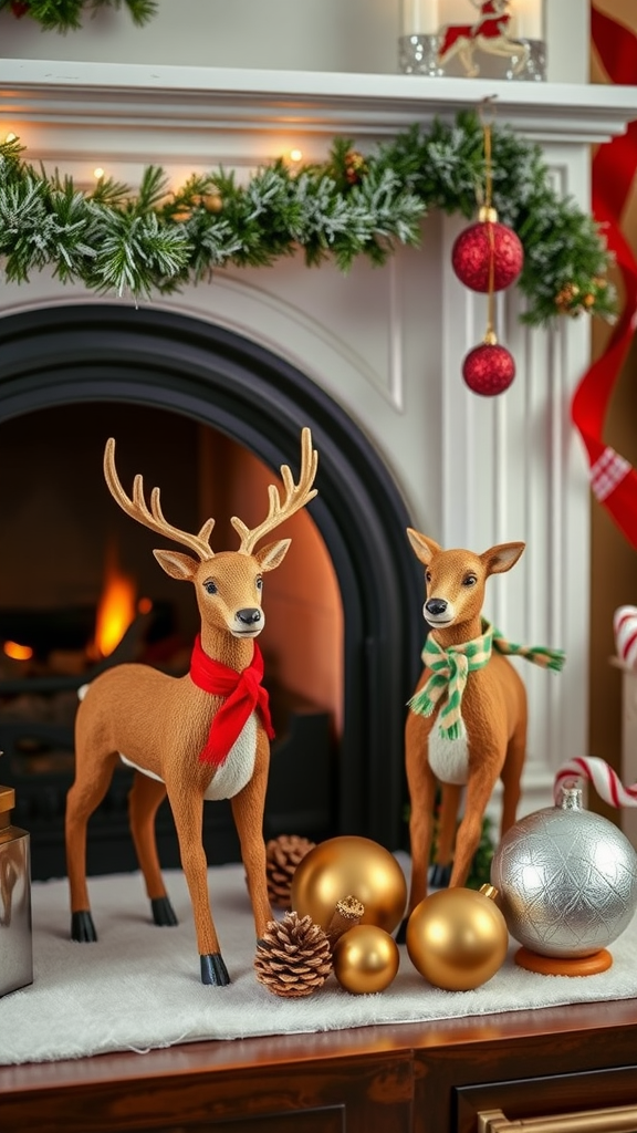 Two decorative reindeer with festive scarves near a fireplace and Christmas decorations.