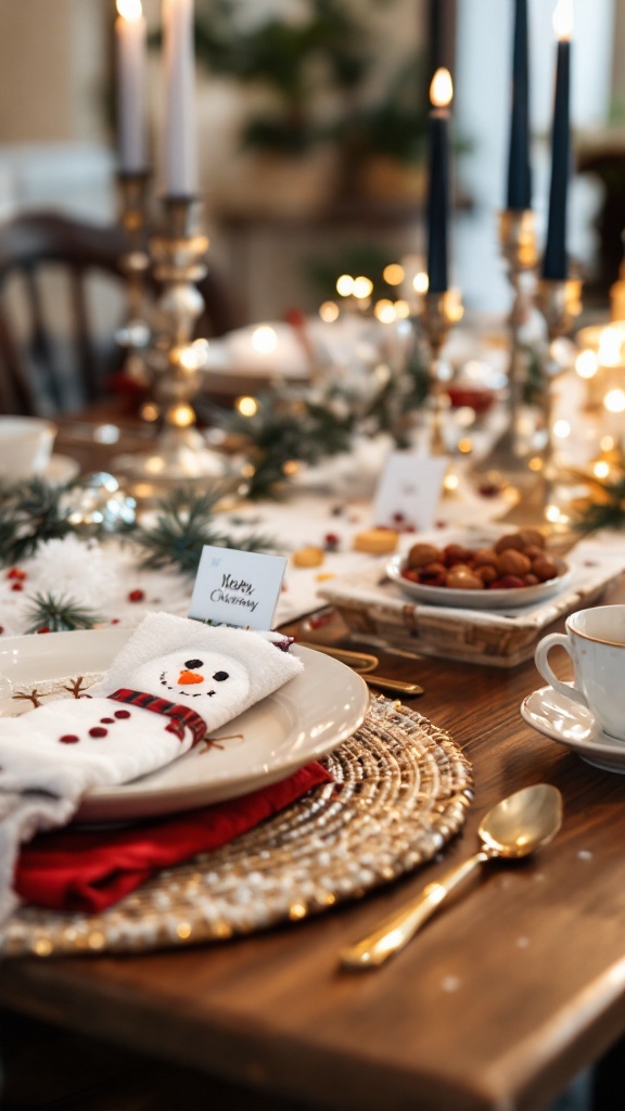 A festive table setting featuring snowman place cards, decorative candles, and holiday-themed decor.