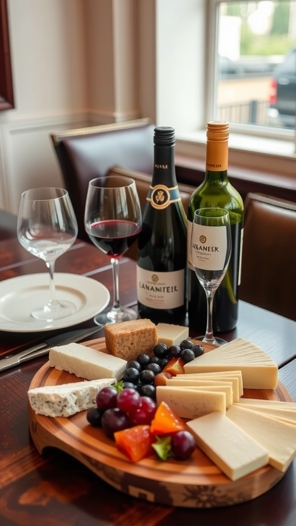 A selection of wines and cheeses displayed beautifully on a wooden platter.