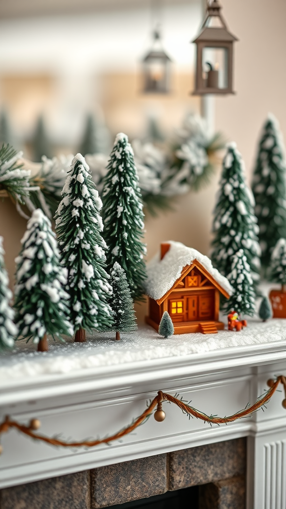 A winter scene with a miniature cabin and snow-covered trees on a mantelpiece.